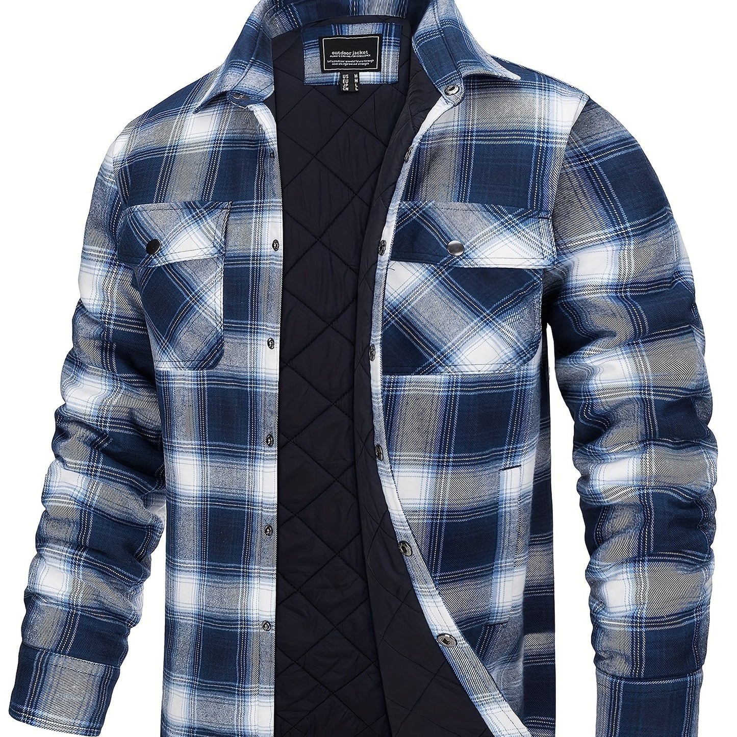Men's Plaid Flannel Shacket Fleece Lined Quilted Long Sleeve Button Jacket with Dual Chest Pockets Cozy and Stylish for Casual Wear College Travel Parties Street Fashion Jacket Classic Plaid Design