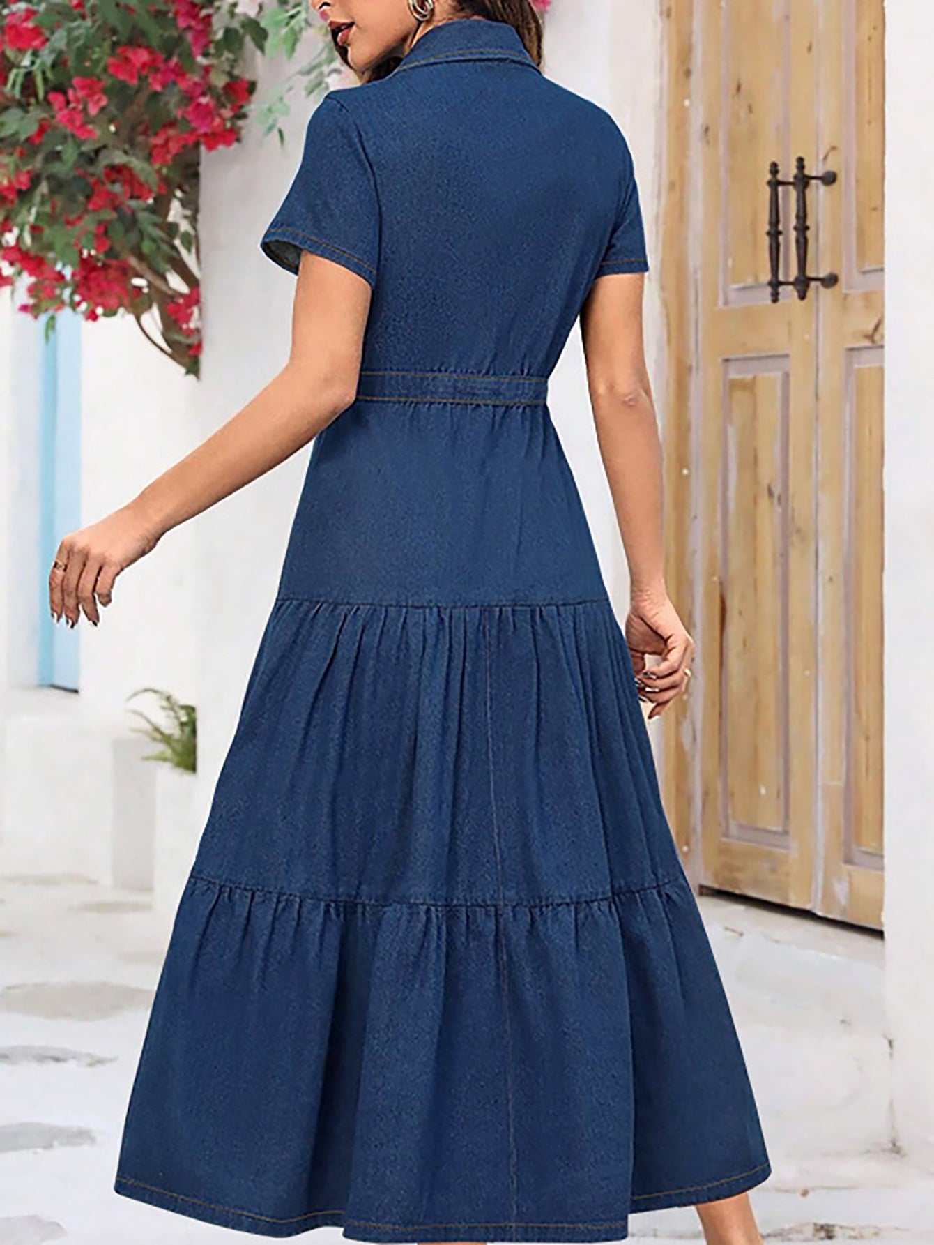 Women's Elegant Denim Shirt Dress - Lapel Button- Short Sleeve, Loose Fit Casual Tunic Knee-Length Dress, Machine Washable Spring/Fall Versatile Outfit, Denim Dresses, Spring Fashion, Ruffled Sleeve Design, Solid Color Fashio