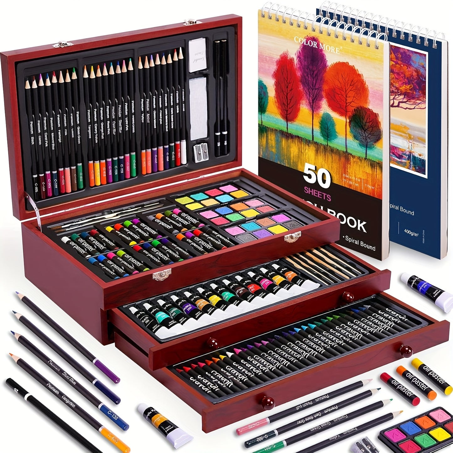 175pcs Deluxe Art Set With 2 Drawing Pads, Crayons, Acrylic Paints, Colored Pencils Set In Wooden Case, Professional Art Kit For Adults, Artist And Teen, Paint Supplies, Gift, Father'S Day Gift