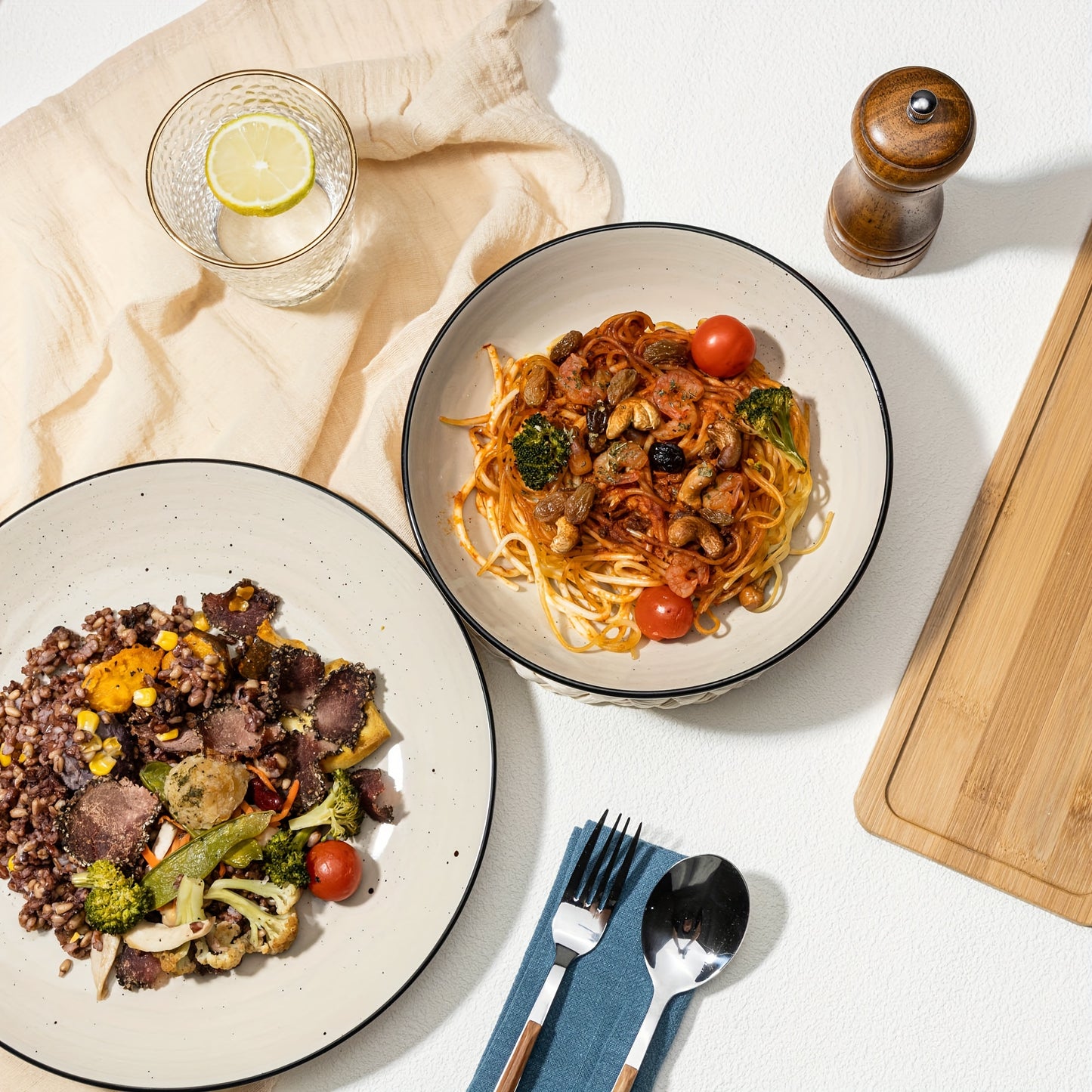 18 Piece Stoneware Dinnerware Set for 6 Handpainted Spirals Pattern Ceramic Set with 10.5 Inch Dinner Plate 7.5 Inch Dessert Plate and 27 Ounce Soup Bowl