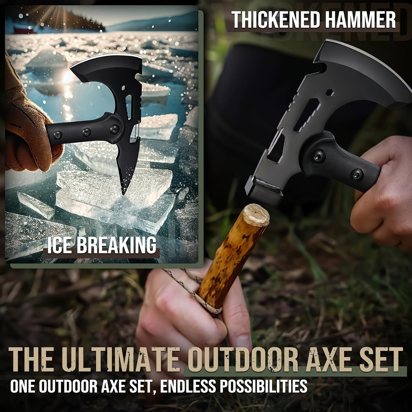 Multi-Purpose Ergonomic Black Stainless Steel Axe and Camping Hatchet Set for Hiking Trekking Emergency Preparedness and Camping Accessories