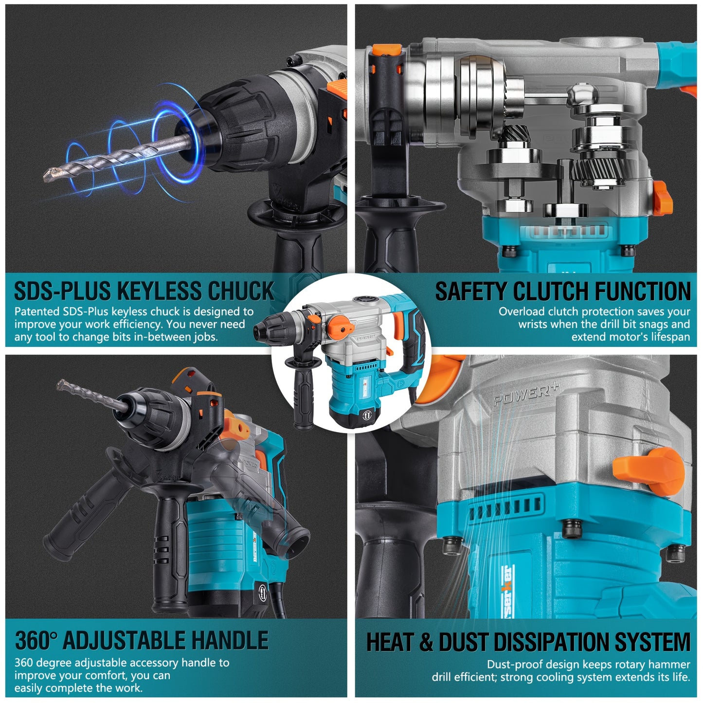 Berserker 25M 1-1/8" SDS Plus 26mm Rotary Hammer Drill, 1050W, 120V 60Hz, with Safety Clutch, 850 RPM & 4000 BPM, 3 Functions Corded Rotomartillo for Concrete - Includes Drill Chuck, 3 Drill Bits, Flat Chisel, Point Chisel, C