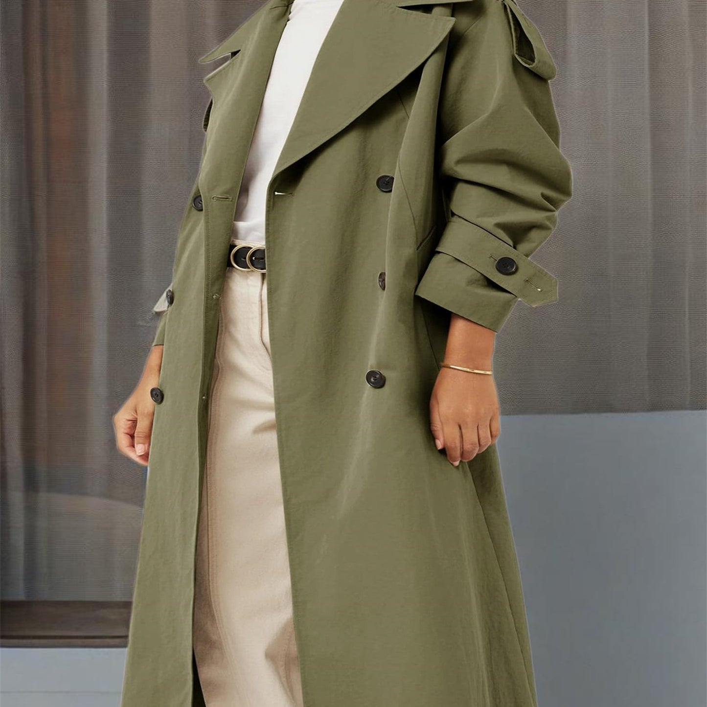 Plus Size - Spring Autumn Womens Oversized Long Trench Coat Double Breasted Lapel Windproof Overcoat with Belt