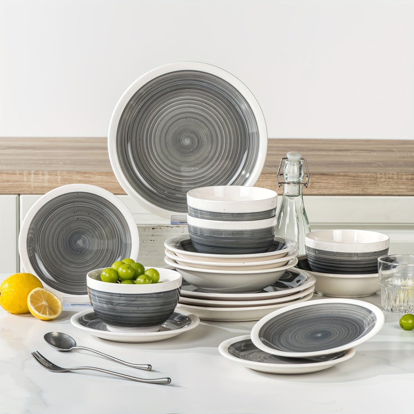 4 Person Hand Painted Pottery Tableware Set 16 Pieces Gray Dinnerware Set Country Chic Style