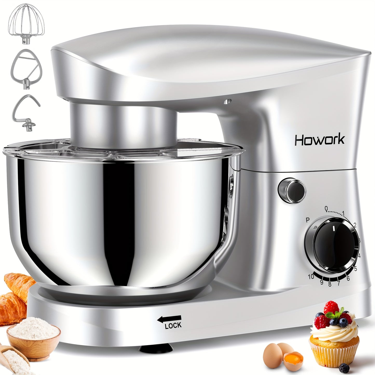 HOWORK Stand Mixer 10-Speed 5QT Electric Kitchen Mixer with Dishwasher-Safe Dough Hooks, Commercial Mixers, Flat Beaters, Wire Whip & Pouring Shield Attachments for Most Home Cooks