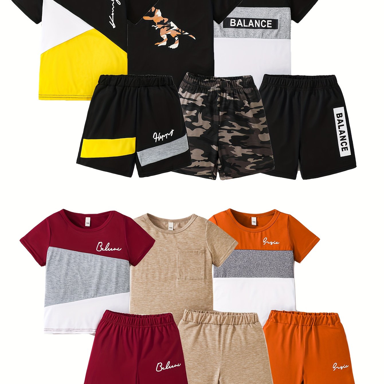 12pcs Boys' Casual Fashion Set, 6 Tops And 6 Shorts, Summer New Multi Piece Outfit, Perfect for Outdoor