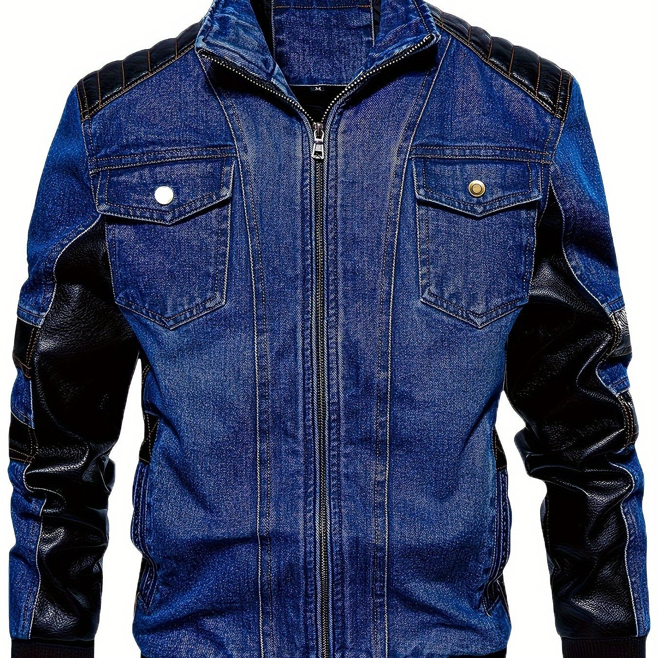 Men'S Denim Jacket Patchwork Faux Leather Motorcycle Jacket Slim Fit Biker Coat With Stand Collar