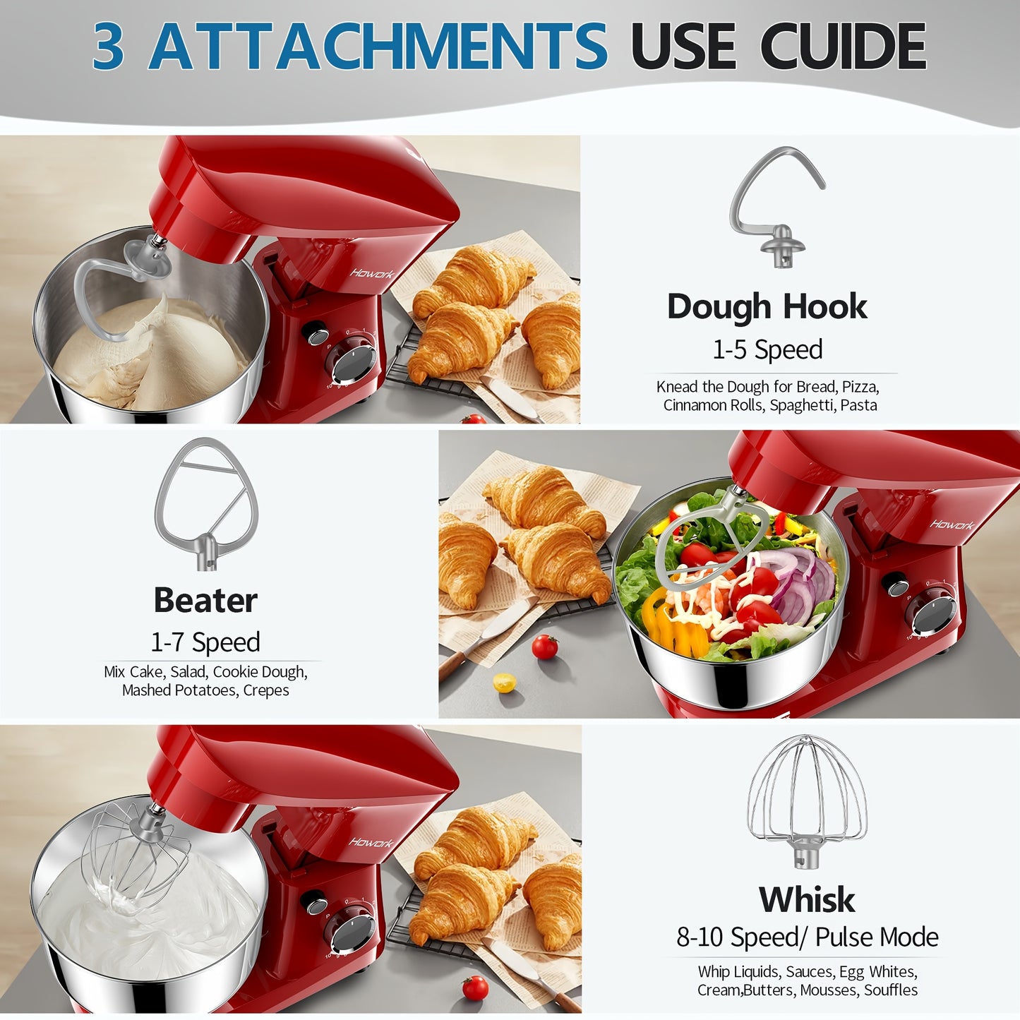 HOWORK Stand Mixer 10-Speed 5QT Electric Kitchen Mixer with Dishwasher-Safe Dough Hooks, Commercial Mixers, Flat Beaters, Wire Whip & Pouring Shield Attachments for Most Home Cooks