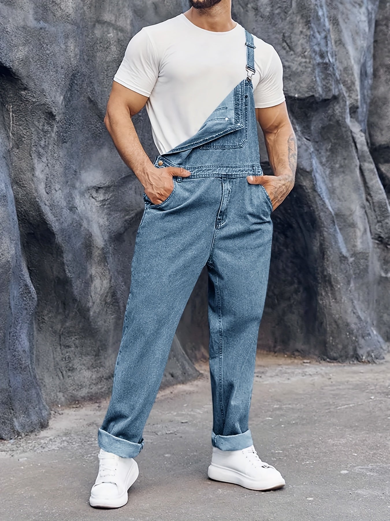 Men's Denim Bib Overalls Jeans Fashion Boot Cut Casual Slim Fit Adjustable Straps Jumpsuit