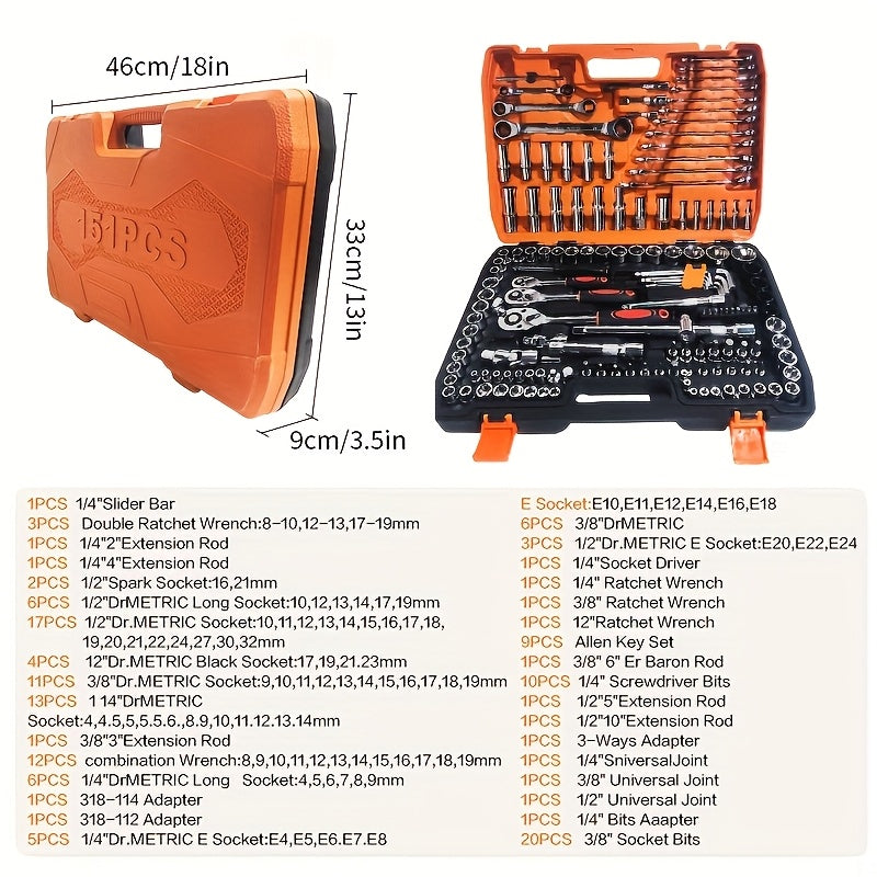 151 Professional Car Master Tool Set - Premium Tool Set For Car, Bicycle And Motorcycle Repair - Compact, Portable, Complete Solution With Ratchet Wrench, Various Screwdriver Sets, No Battery
