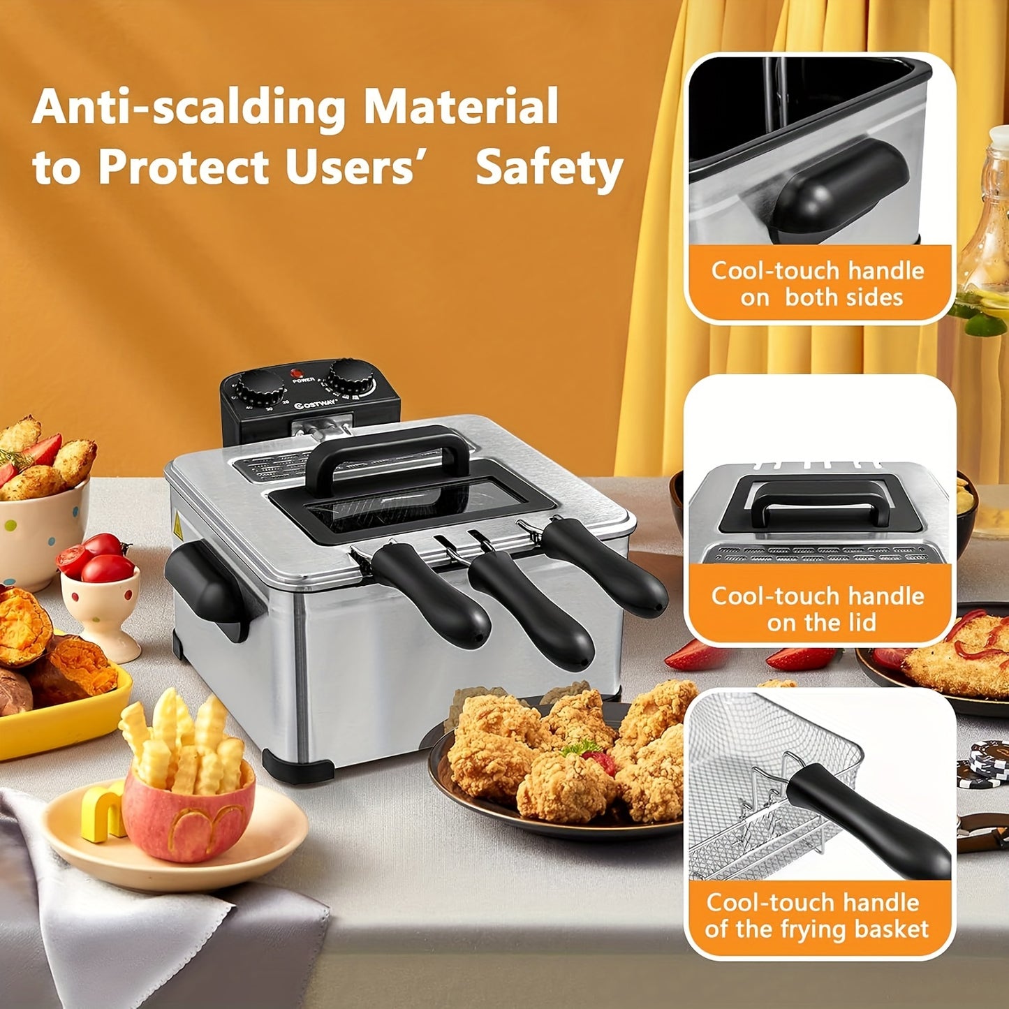 5.3Qt Stainless Steel LIFEZEAL Deep Fryer With Basket, Adjustable Temperature, Timer, Lid With View Window, Professional Style For Home Use