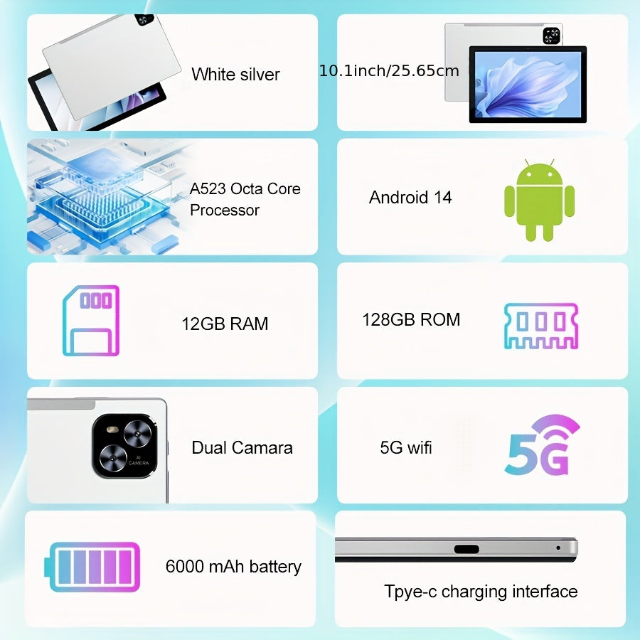 Tablet 10.1 Inch Android 14 OS Tablet, 2in 1 Tablets with Keyboard, Mouse, Case, Stylus Without Electricity, 128GB ROM 12GB (4GB+8GB) RAM, Dual Camera, Eight Core Processor, 1280 * 800 IPS High-definition Display Screen, GMS
