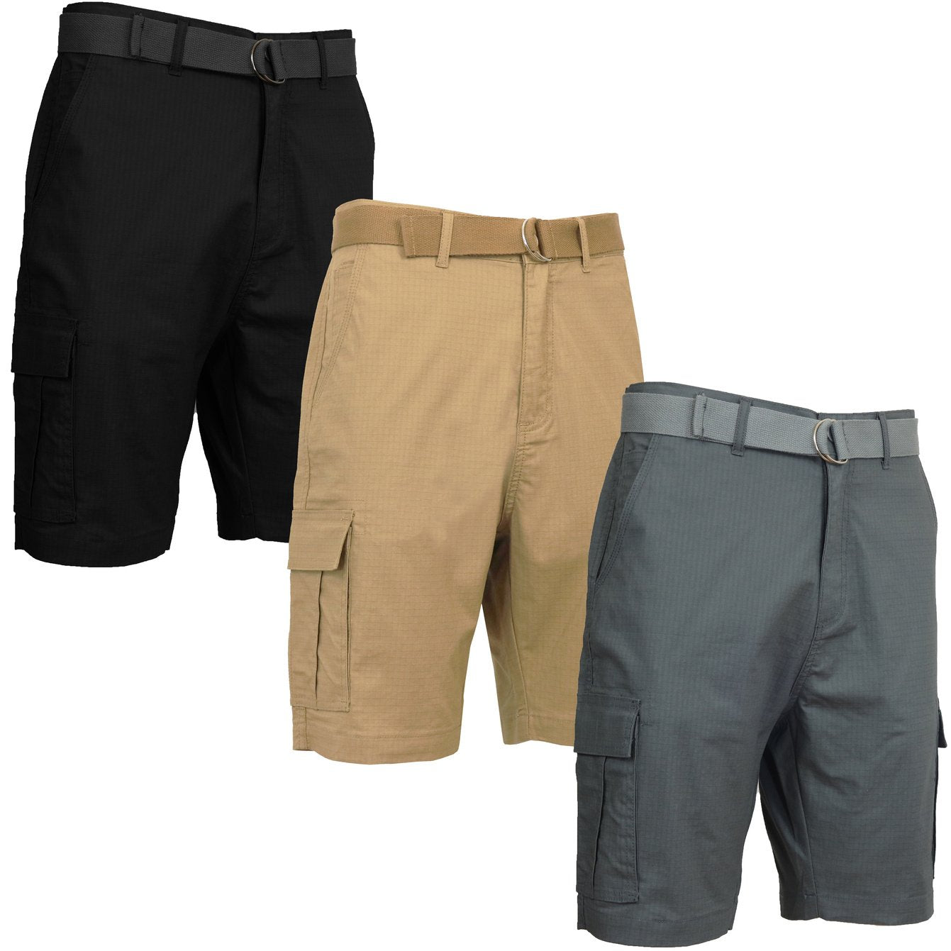 3 Pack Men's Cotton Stretch Ripstop Cargo Shorts With Belt