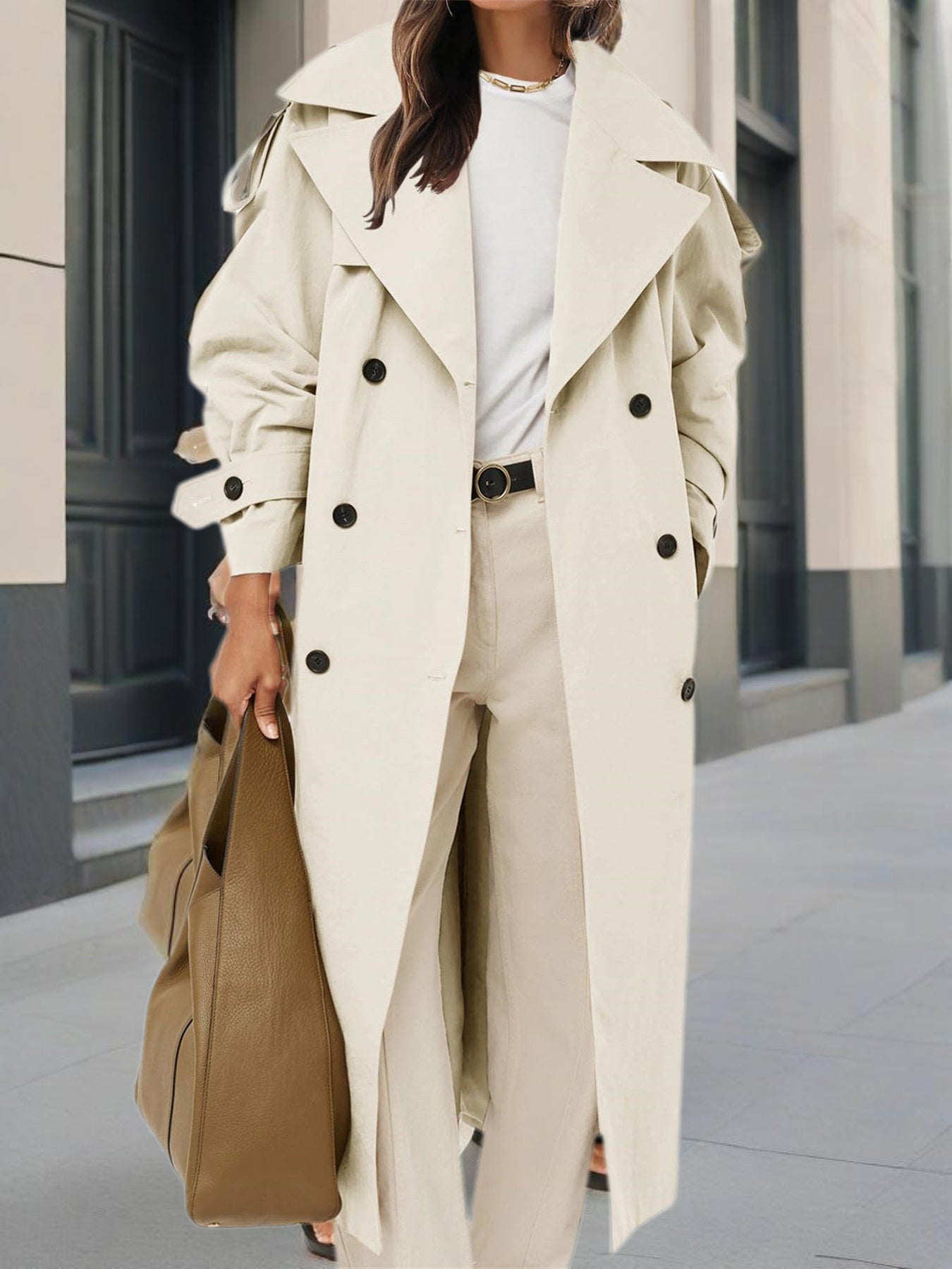 Plus Size - Spring Autumn Womens Oversized Long Trench Coat Double Breasted Lapel Windproof Overcoat with Belt