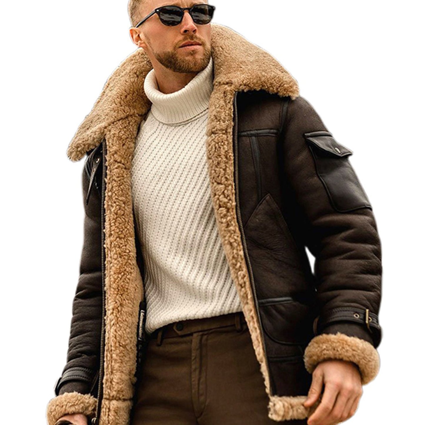 Men's Casual High Neck Fleece-Lined Jacket, Polyester 95%, Solid Color, Non-Stretch Fabric, Skinny Fit, with Zipper Closure and Contrast Pockets for Winter