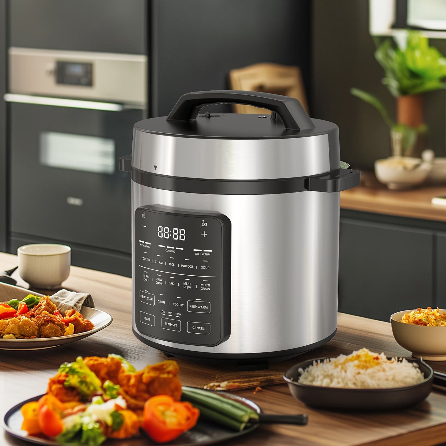 12-in-1 Stainless Steel Electric Pressure Cooker & Warmer - 6/8 Quart Multi-Cooker with Sterilizer, Saute, and Timer Functions, Black Lid, Perfect for Healthy Cooking and Meal Prep, Kitchen Appliance | Sleek Kitchenware | Hig