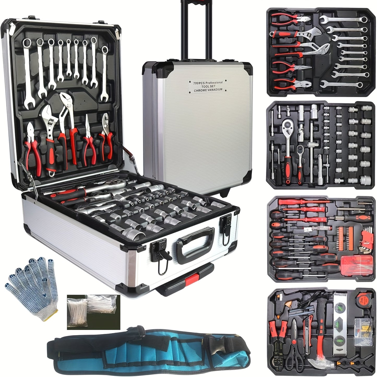 799pcs Aluminum Trolley Case Tool Set Silvery, House Repair Kit Set, Household Hand Tool Set, with Tool Belt, Gift On Father's DayTool Sets for Men, Tool Box with Tools, Tool Kit with Rolling