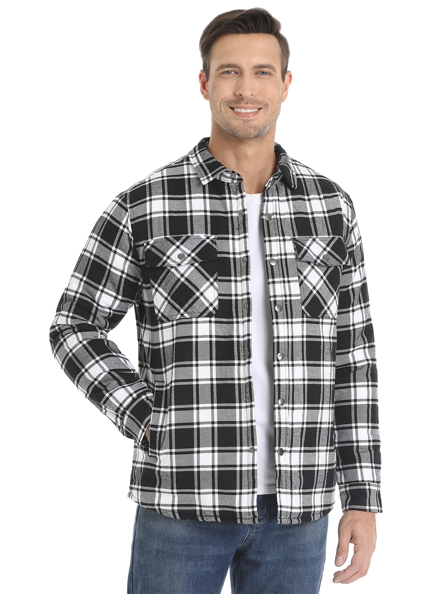 Men's Plaid Flannel Shacket Fleece Lined Quilted Long Sleeve Button Jacket with Dual Chest Pockets Cozy and Stylish for Casual Wear College Travel Parties Street Fashion Jacket Classic Plaid Design