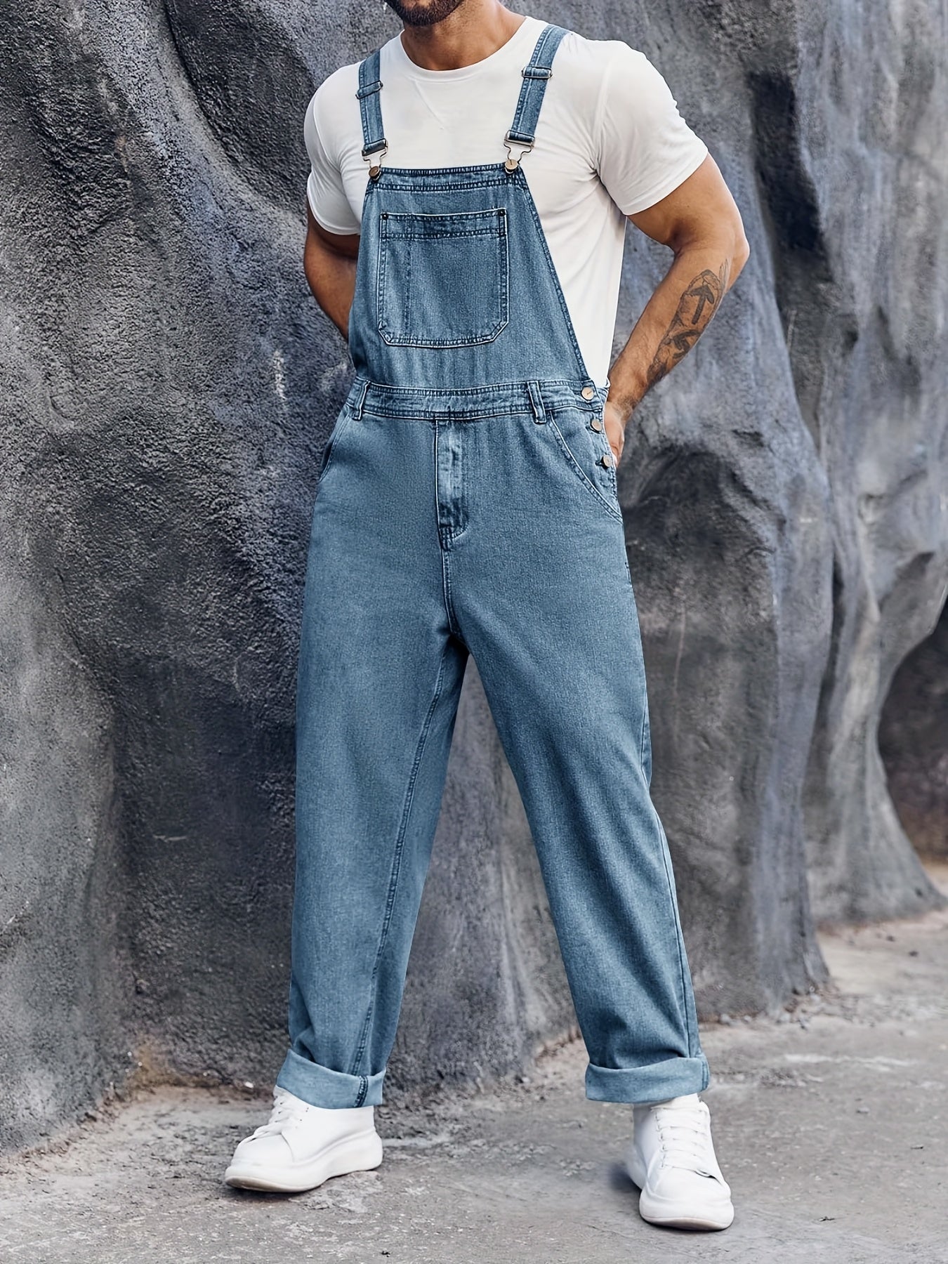 Men's Denim Bib Overalls Jeans Fashion Boot Cut Casual Slim Fit Adjustable Straps Jumpsuit