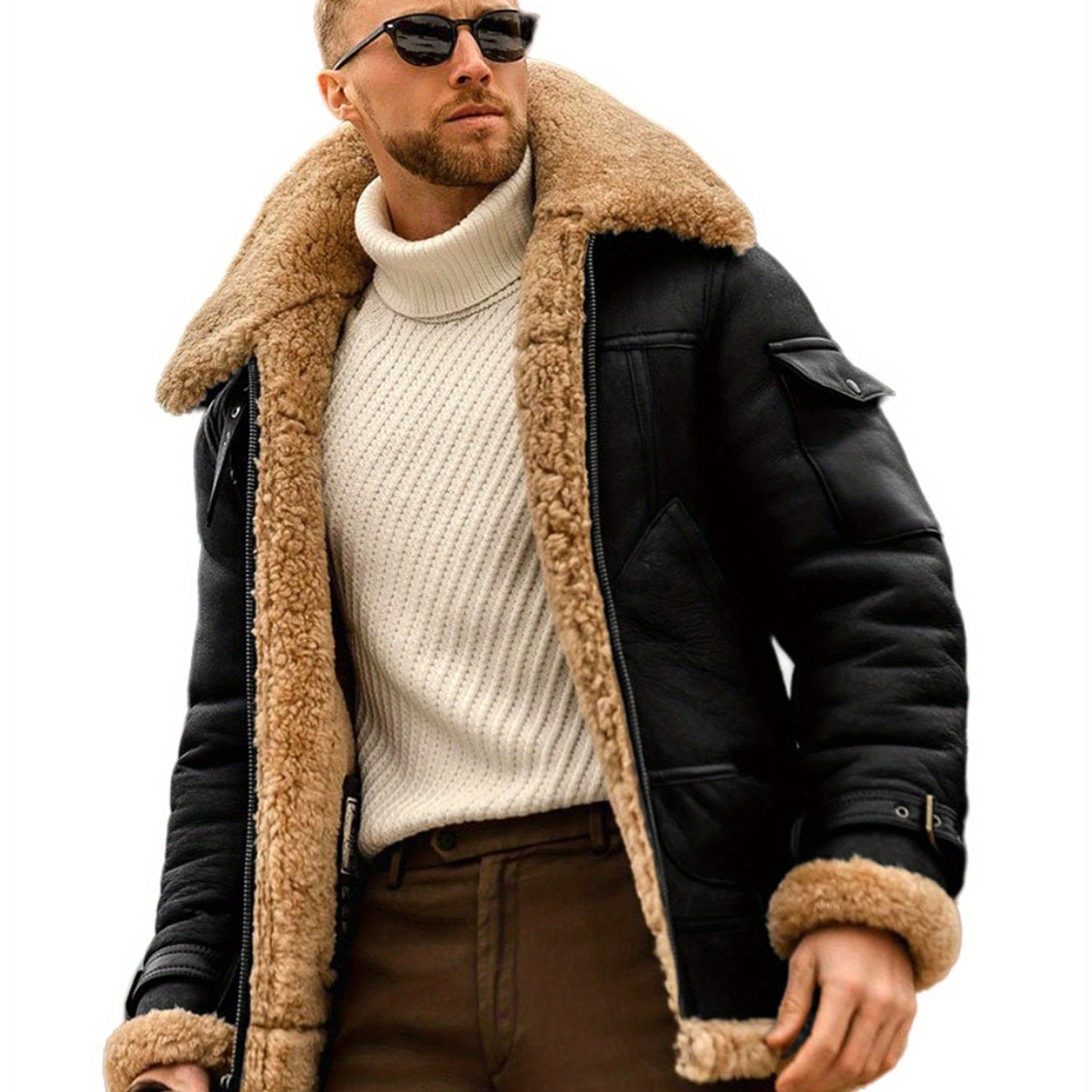 Men's Casual High Neck Fleece-Lined Jacket, Polyester 95%, Solid Color, Non-Stretch Fabric, Skinny Fit, with Zipper Closure and Contrast Pockets for Winter