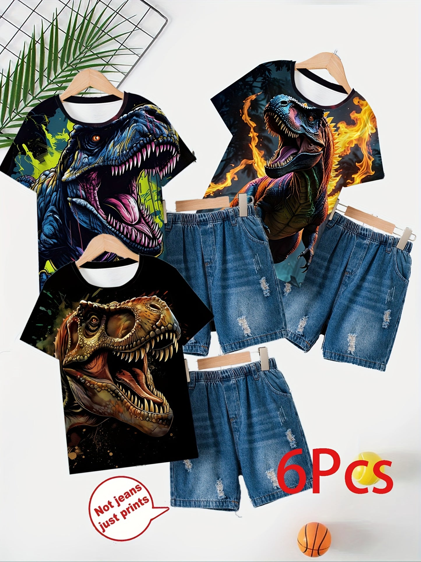 6pcs for Boys 3D Dinosaur Skills Cool Print Imitation Denim Casual Wear - Bright Splash Design T-shirt And Imitation Denim Shorts Set, Breathable Polyester Blend, 3 Sets Machine Washable - Perfect for Summer Fun, Perfect for