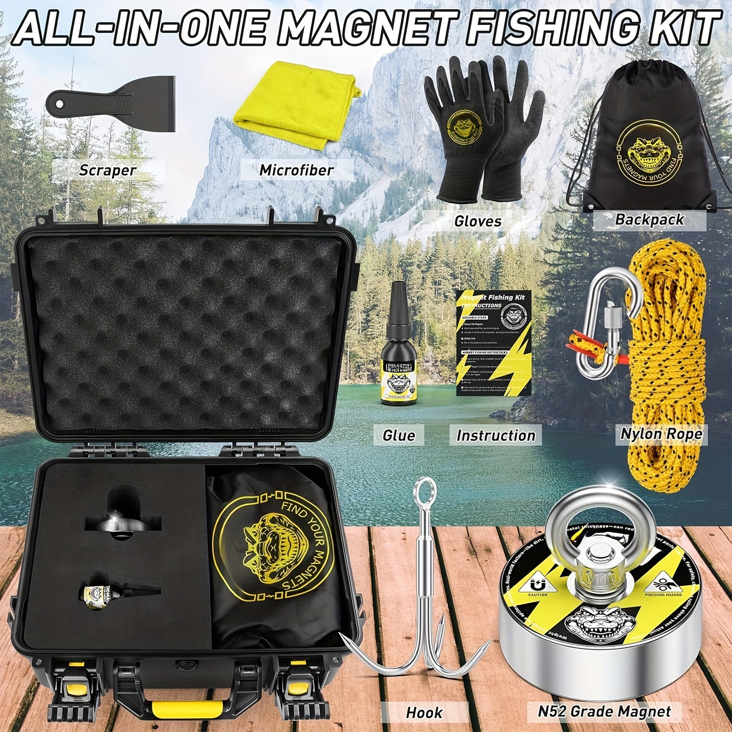 Magnet Fishing Kit, 1000 Lbs Superior N52 Magnet For Fishing, Diameter 2.95inch (75mm), Fishing Magnet With Case, Gloves, 65ft Rope, Backpack, Scraper, 10pcs Complete Set Fishing Magnet Kit