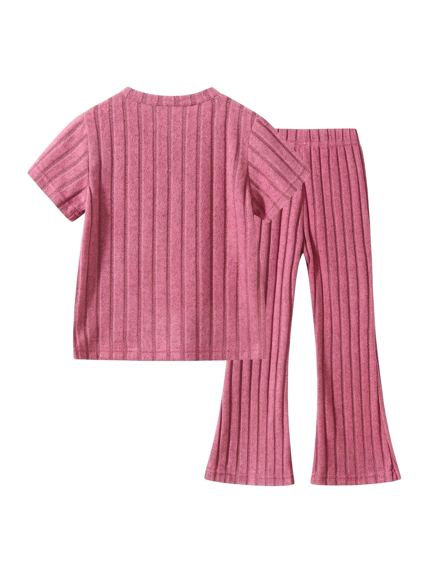10pcs, Girls Knit Short Sleeve Top Solid Color with Flared Pants Summer Pretty Casual Set, Perfect for Outdoor