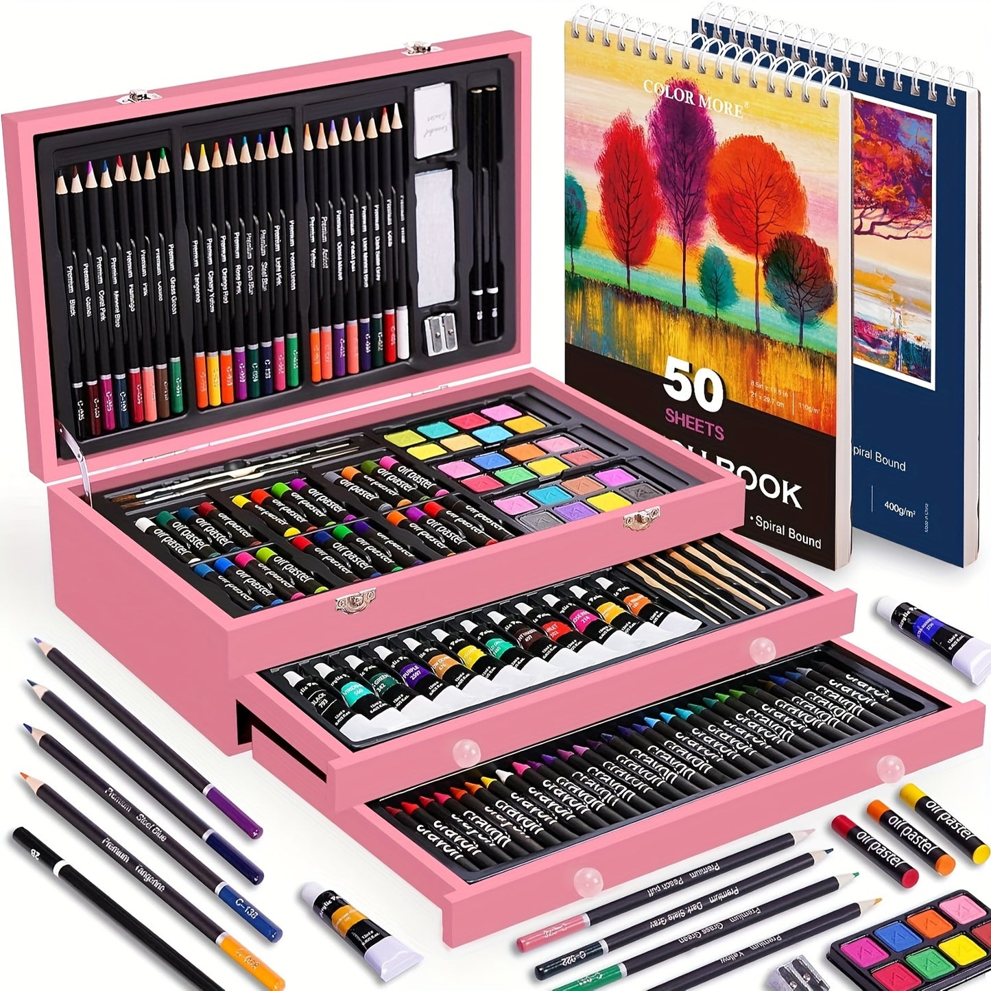 175pcs Deluxe Art Set With 2 Drawing Pads, Crayons, Acrylic Paints, Colored Pencils Set In Wooden Case, Professional Art Kit For Adults, Artist And Teen, Paint Supplies, Gift, Father'S Day Gift
