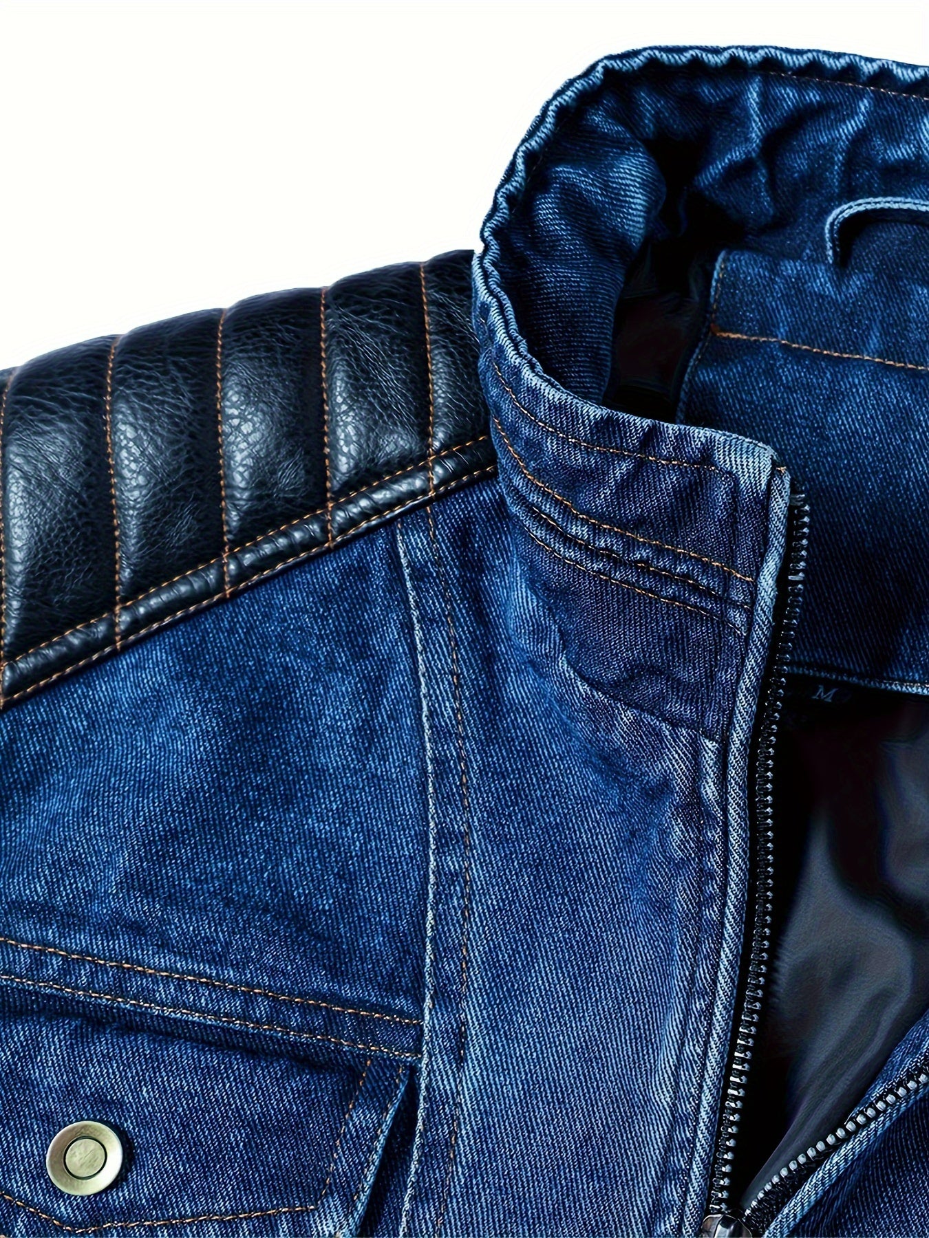 Men'S Denim Jacket Patchwork Faux Leather Motorcycle Jacket Slim Fit Biker Coat With Stand Collar