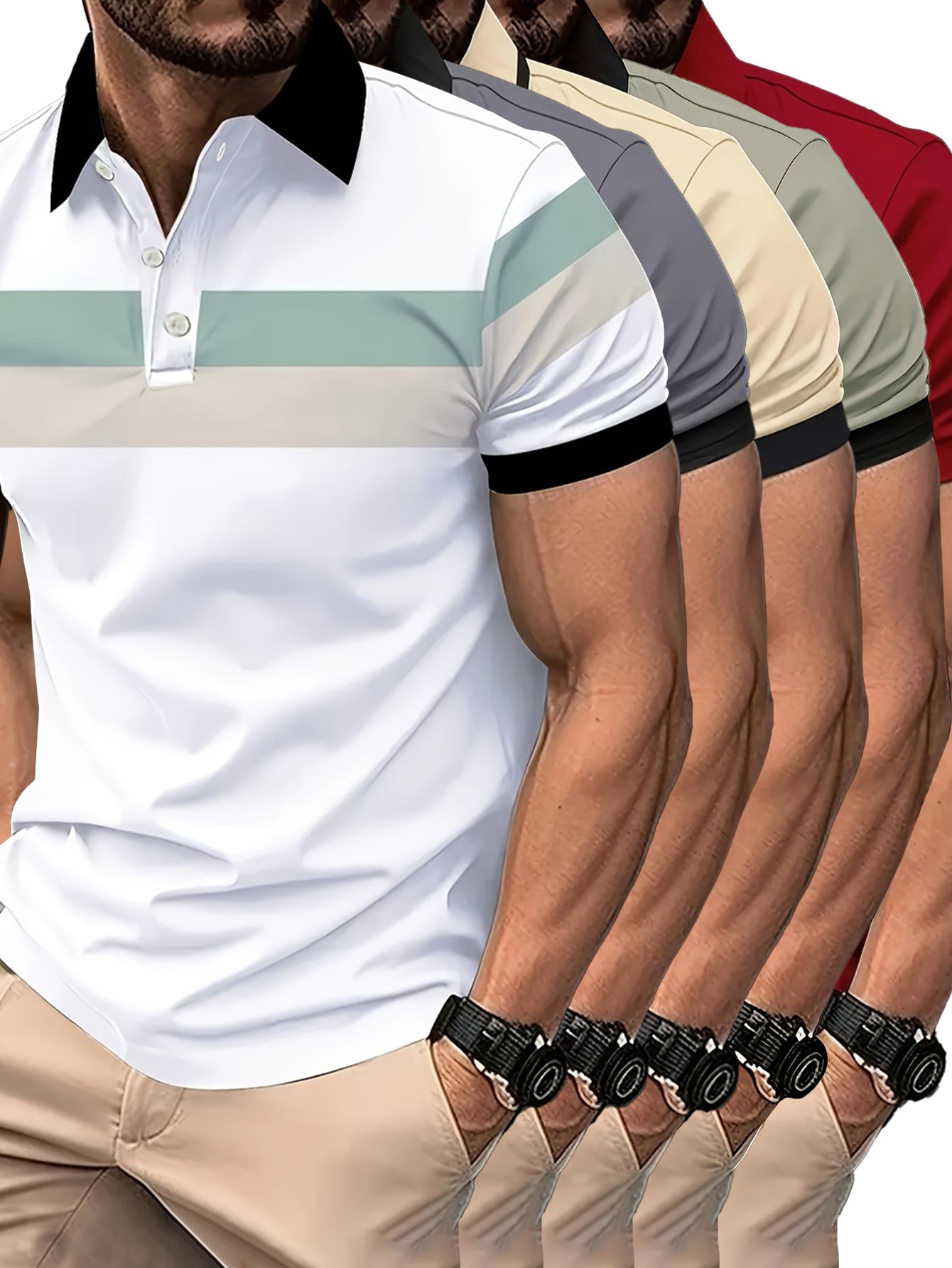 5pcs Men's Casual Shirts - Short Sleeve Button-Up Geometric Print, Breathable All-Season Machine Washable, 5 Color Options for Streetwear & Vacation