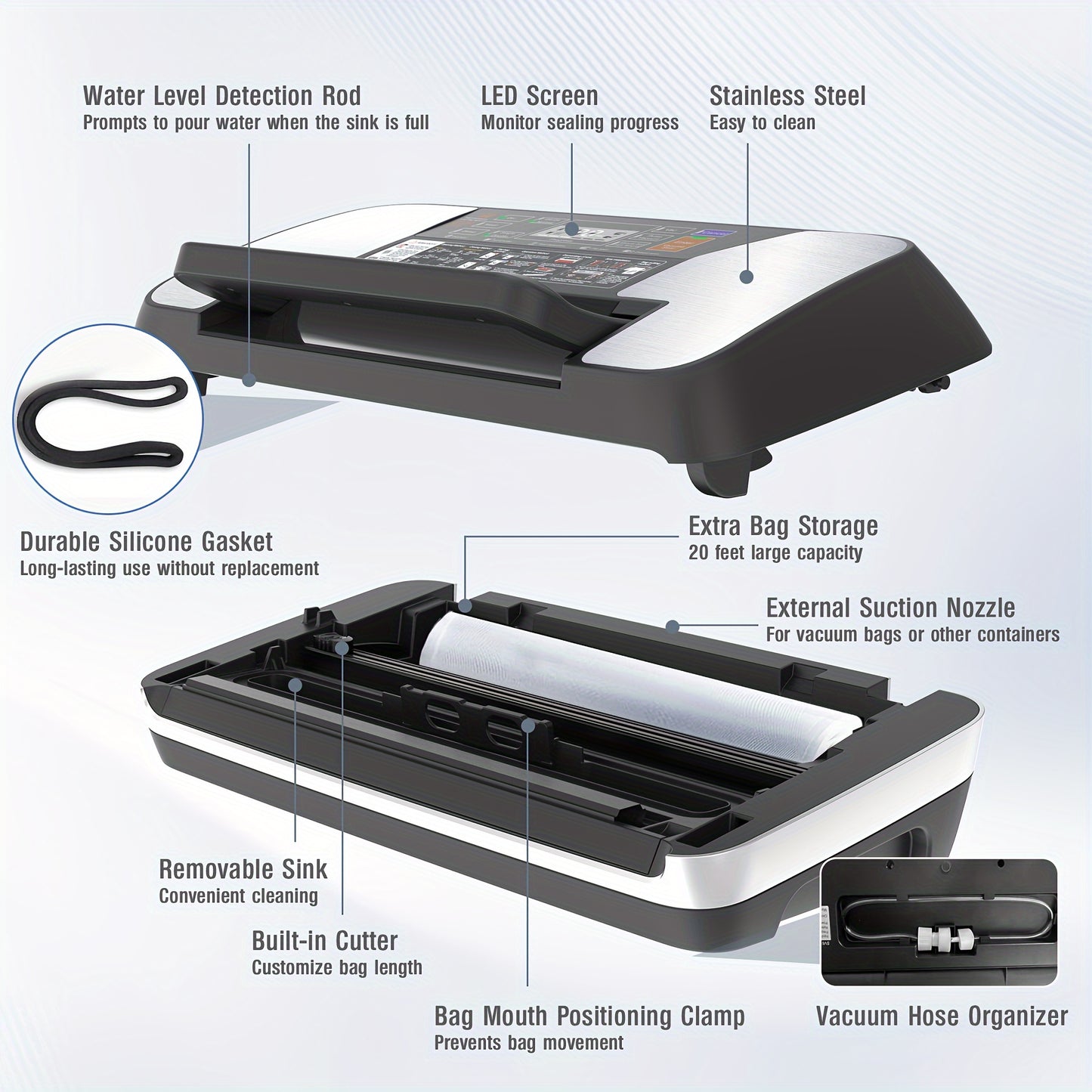 85kPa Food Vacuum Sealer Machine - 12-in-1, Easy Lock, Double Heat Seal, with Built-in Cutter, Bag Storage, 1 Roll & 10 Pre-cut Bags
