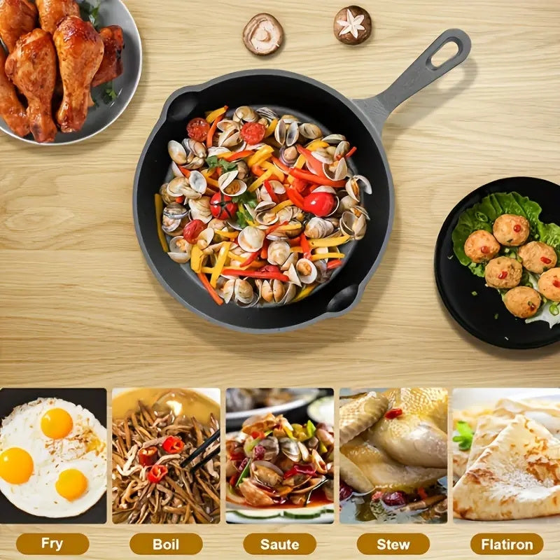 Cast Iron Skillet 7 Piece Set Heavy Duty Professional Chef Quality Preseasoned Pan Set 26cm 20cm 16cm 14cm Suitable for Frying Cooking Pizza Oil Brush Silicone Handle Beech Spatula