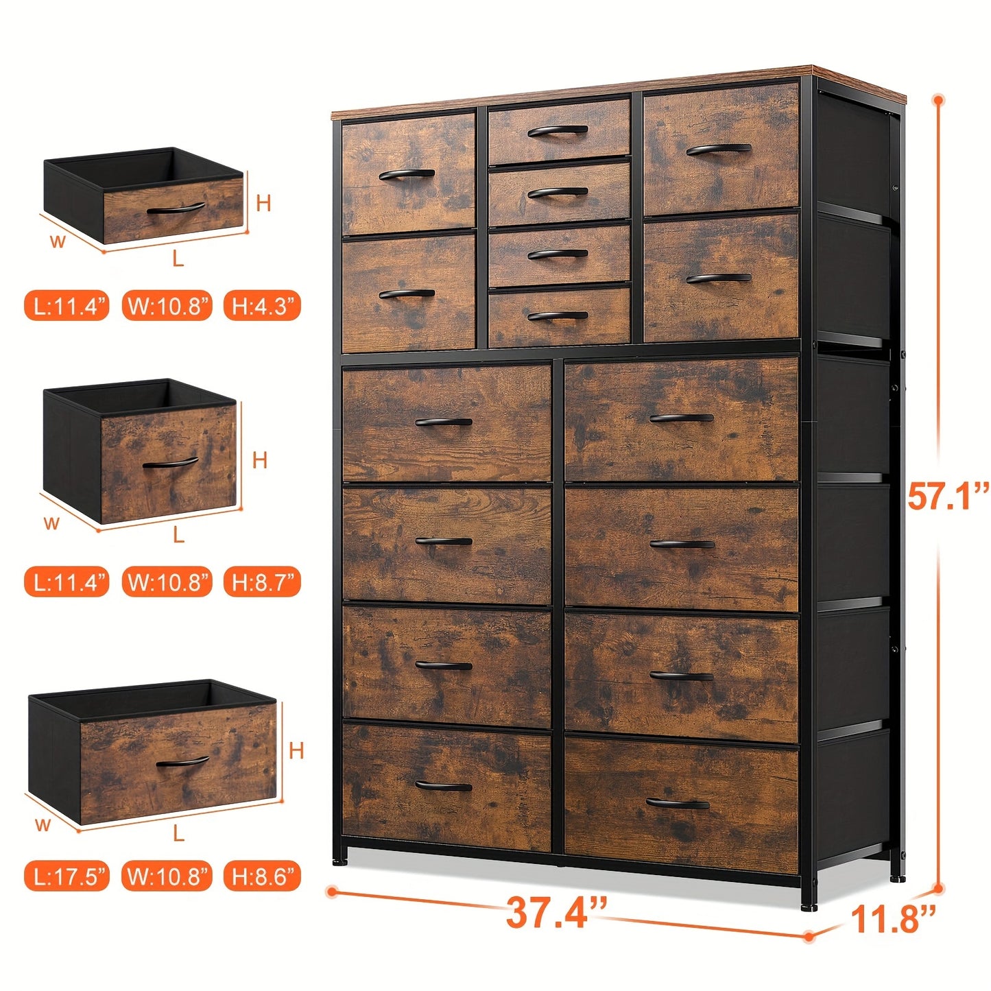 Tall Bedroom Dresser with 16 Drawers - Fabric Dresser Organizer, Chests of Drawers for Closet & Entryway