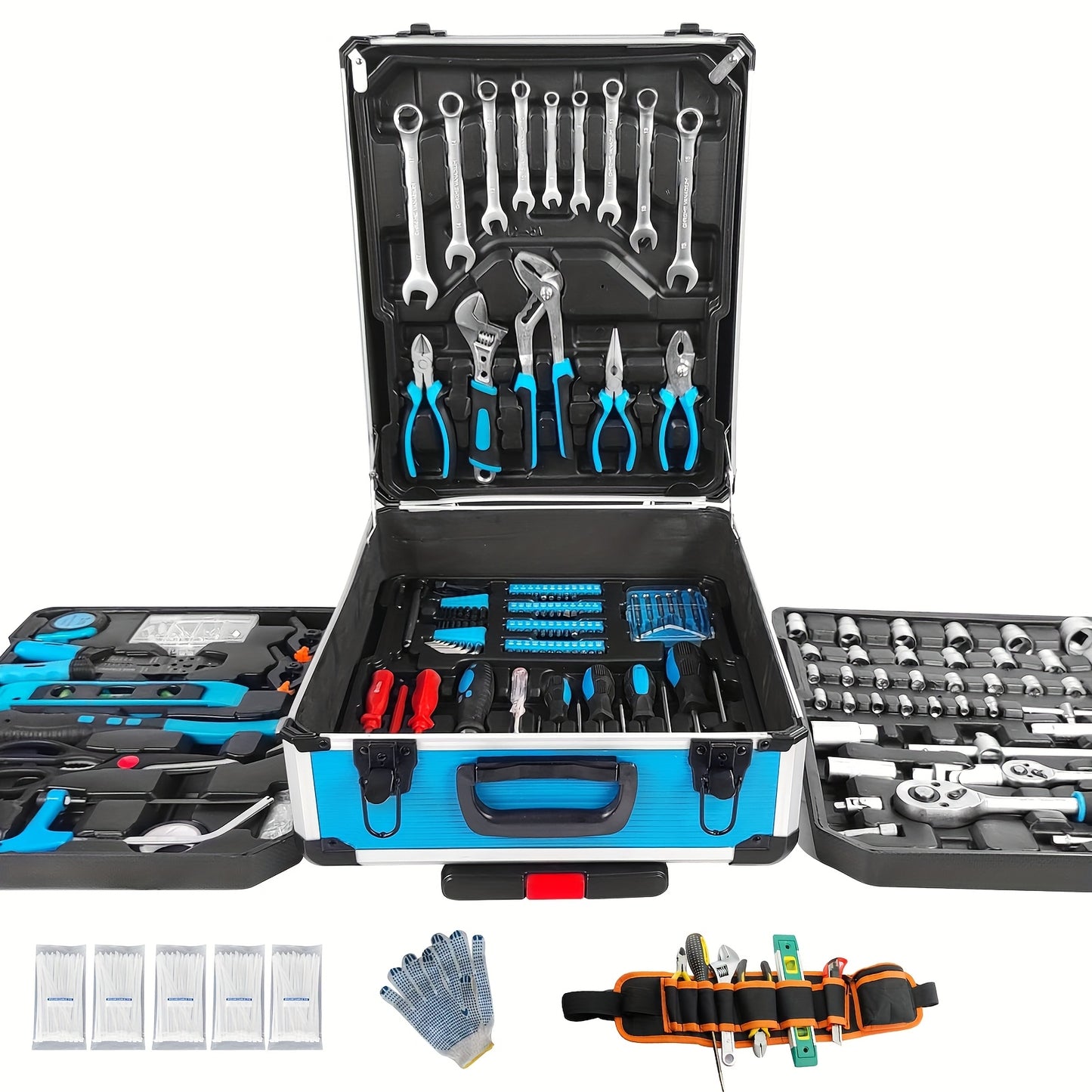 799pcs Aluminum Trolley Case Tool Set Silvery, House Repair Kit Set, Household Hand Tool Set, with Tool Belt, Gift On Father's DayTool Sets for Men, Tool Box with Tools, Tool Kit with Rolling