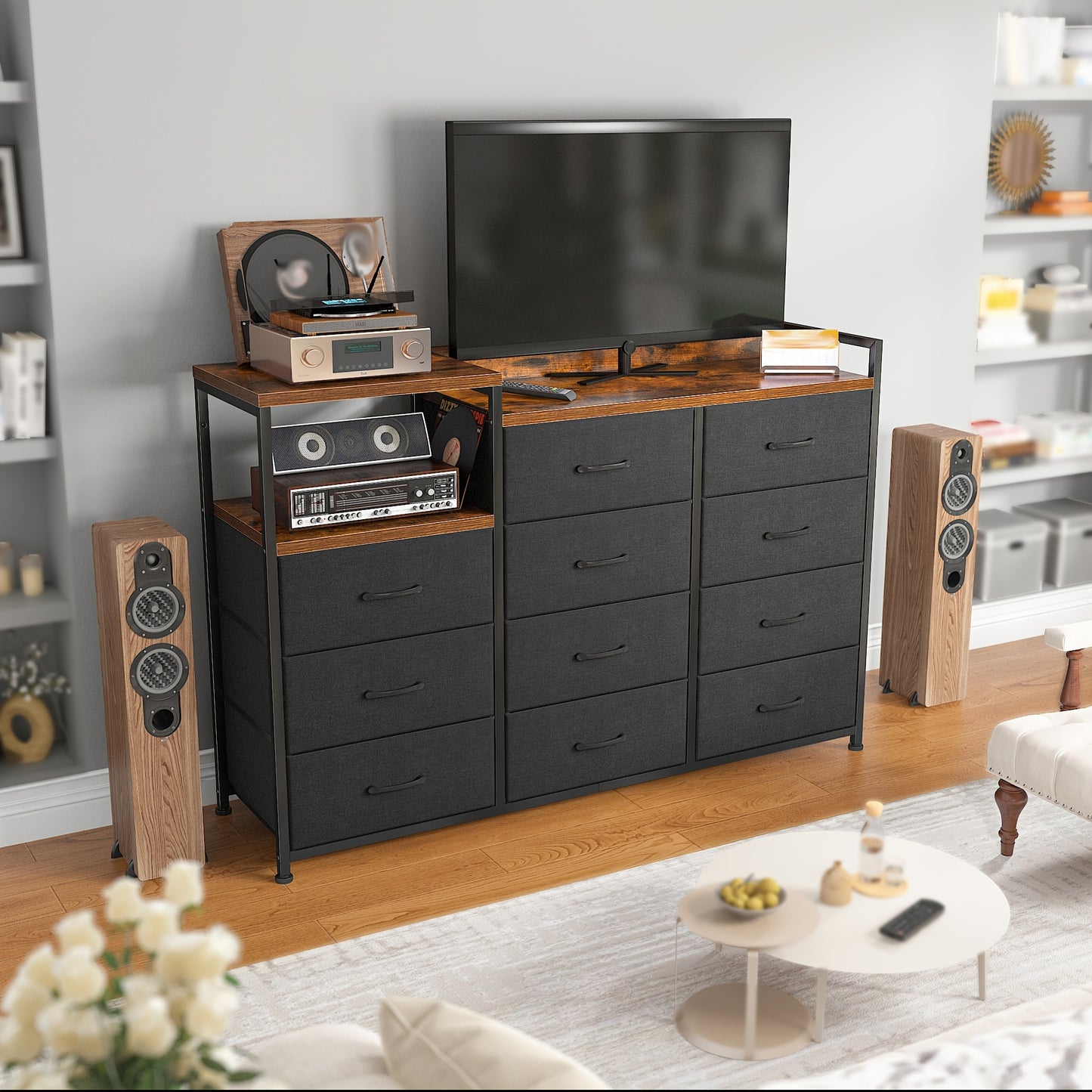 Modern Black Dresser - 11 Drawers, Metal Frame & Wood Top | Stylish Bedroom Storage with Shelves for Makeup Vanity or TV Stand