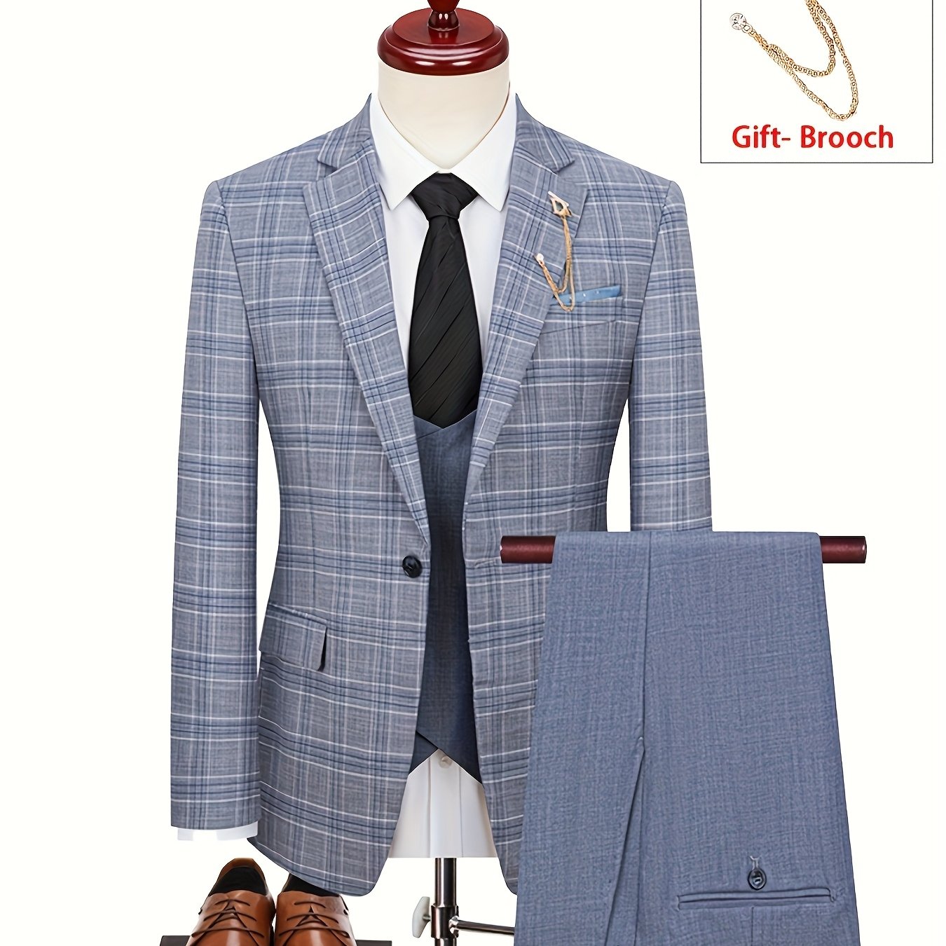 Teens Plaid Suit Set - 3pcs, Casual Style, Notched Lapel, Regular Fit, Polyester Includes Jacket, Vest, And Pants - For Business Casual & Formal Occasions - Perfect Gift For Weddings & Special Events