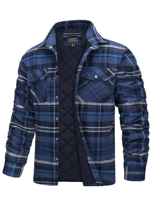 Men's Plaid Flannel Shacket Fleece Lined Quilted Long Sleeve Button Jacket with Dual Chest Pockets Cozy and Stylish for Casual Wear College Travel Parties Street Fashion Jacket Classic Plaid Design