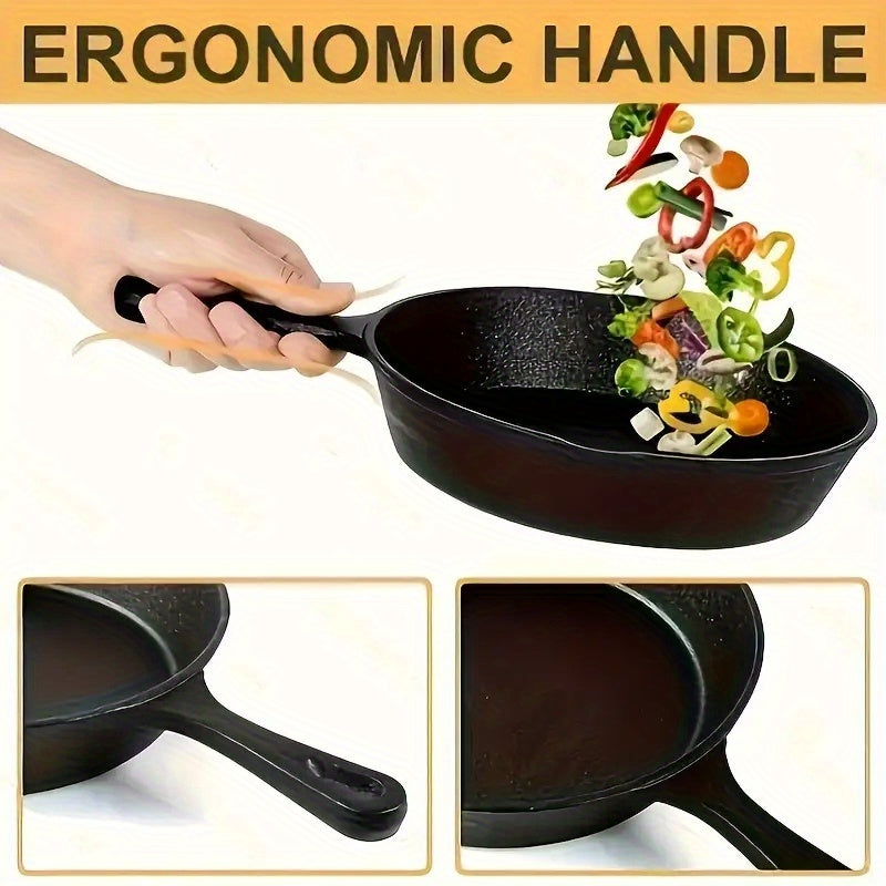 Cast Iron Skillet 7 Piece Set Heavy Duty Professional Chef Quality Preseasoned Pan Set 26cm 20cm 16cm 14cm Suitable for Frying Cooking Pizza Oil Brush Silicone Handle Beech Spatula