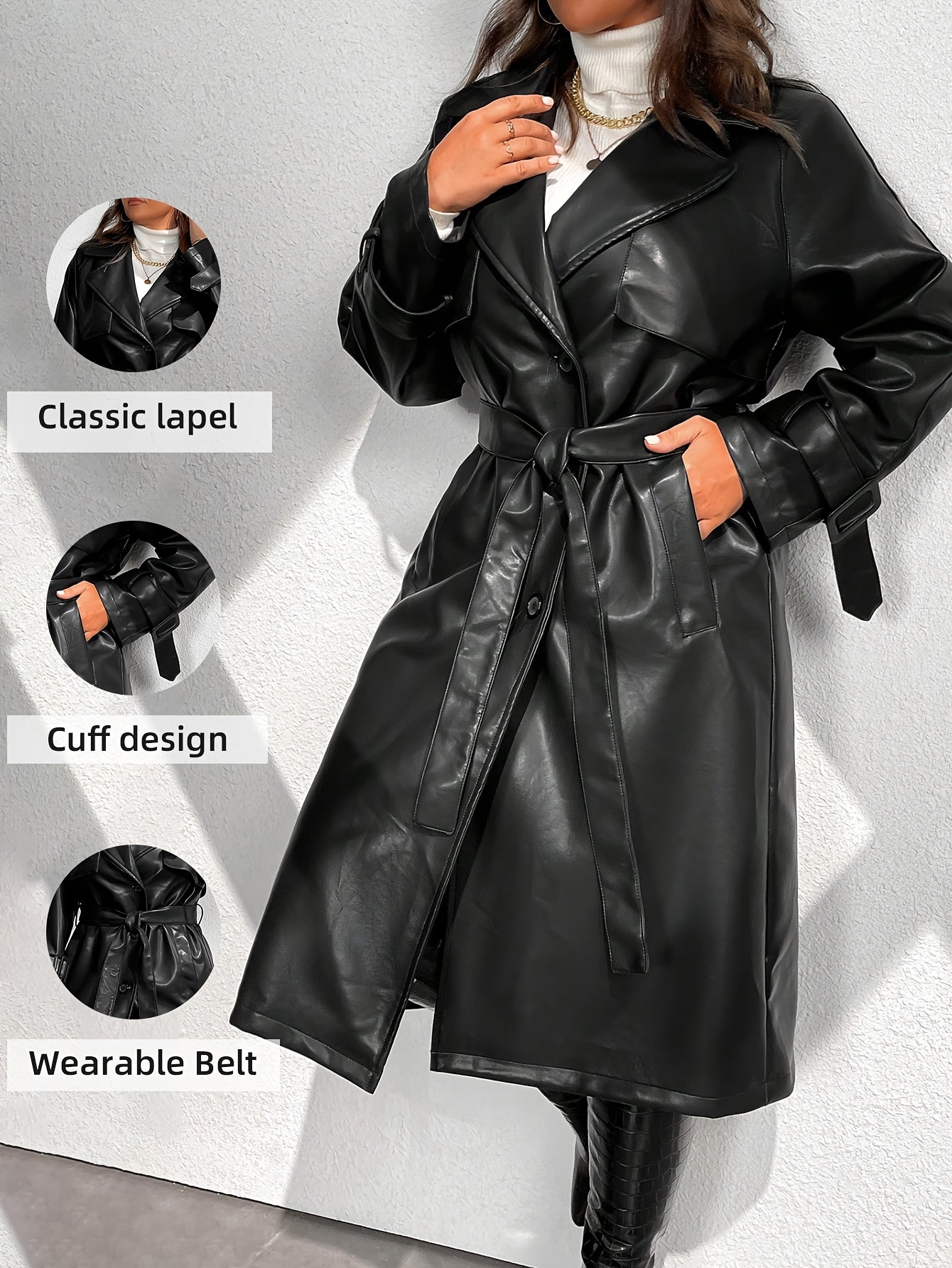 Women'S Trench Coat Plus Size Faux Leather Long Classic Motorcycle Jacket Lapel Belted Overcoat