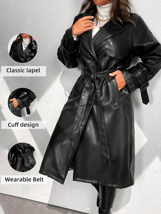 Women'S Trench Coat Plus Size Faux Leather Long Classic Motorcycle Jacket Lapel Belted Overcoat