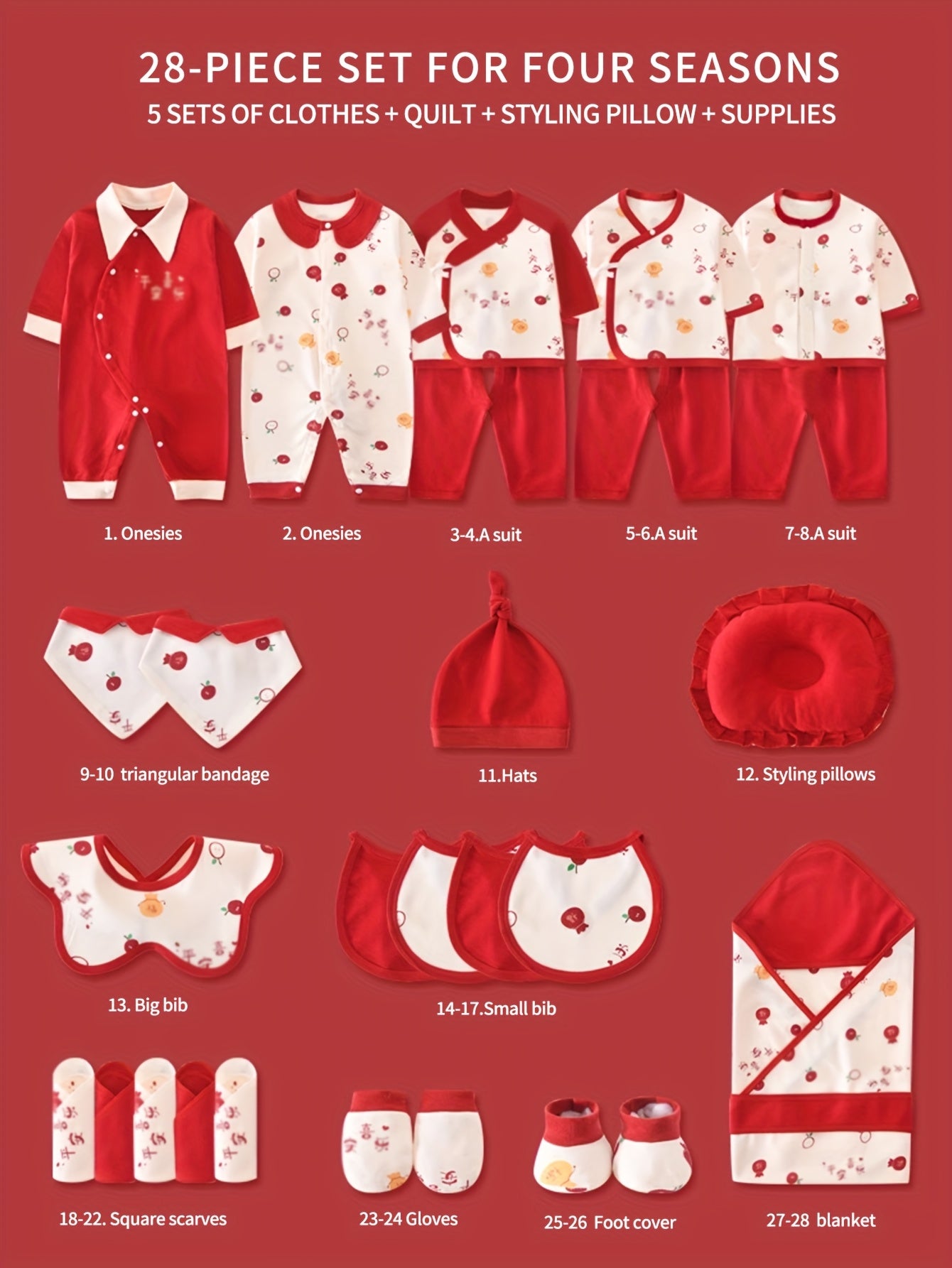 Youngsters Boy Clothes+Youngsters Necessities Set 28pcs, Shower Gifts, Local Warehouse, 5 Sets Of Clothes+Hat+Pillow+Hand And Foot Sets+Bib Outfits, Festive Chinese Style Romper, All-season Wearable,, Soft Fabric, Perfect for