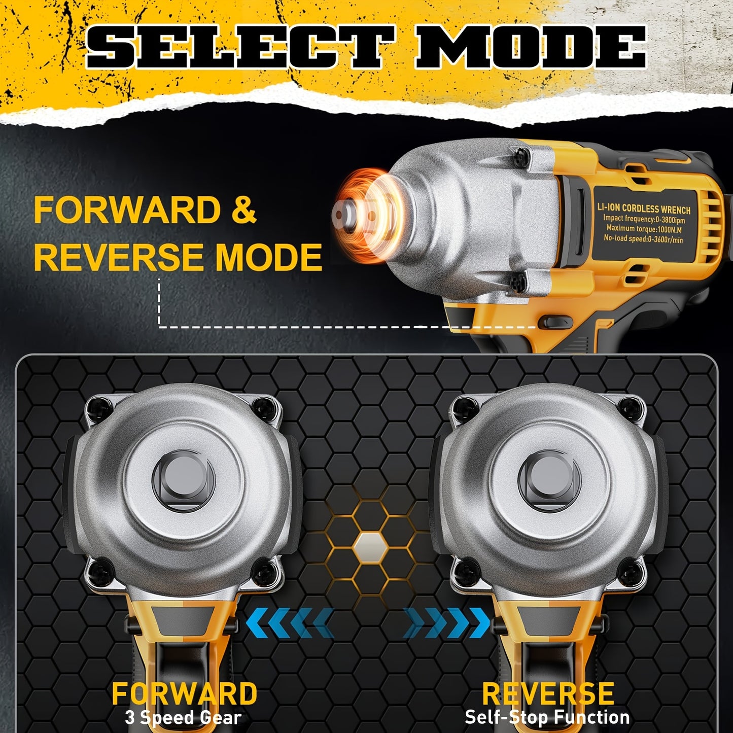 Automobile Maintenance Tools1/2" 20V Brushless Impact Wrench 1000N.m - 3-Speed 3300RPM Industrial Beast- Auto-Stop Reverse, Smart LED Dashboard & Heat Vents - For Semi-Truck Tires, Heavy Machinery, Steel Construction (Mechani