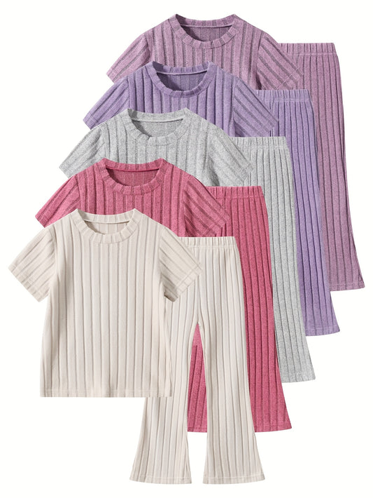 10pcs, Girls Knit Short Sleeve Top Solid Color with Flared Pants Summer Pretty Casual Set, Perfect for Outdoor