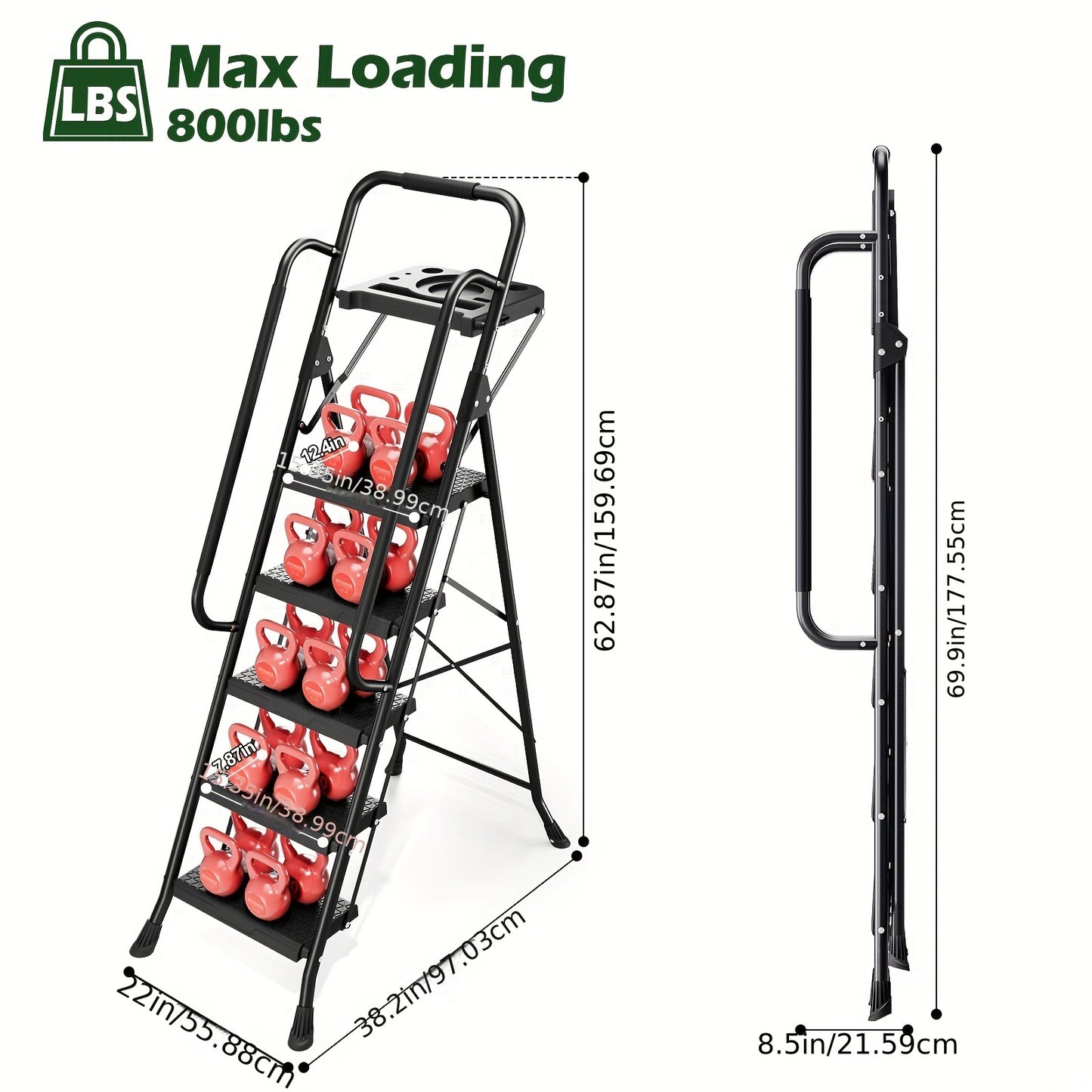 TOOLF Sturdy Steel 5 Step Ladder - Folding, Anti-Slip, Portable | Safe-Lock Design, 800lbs Load Capacity for Multi-Purpose Home Use