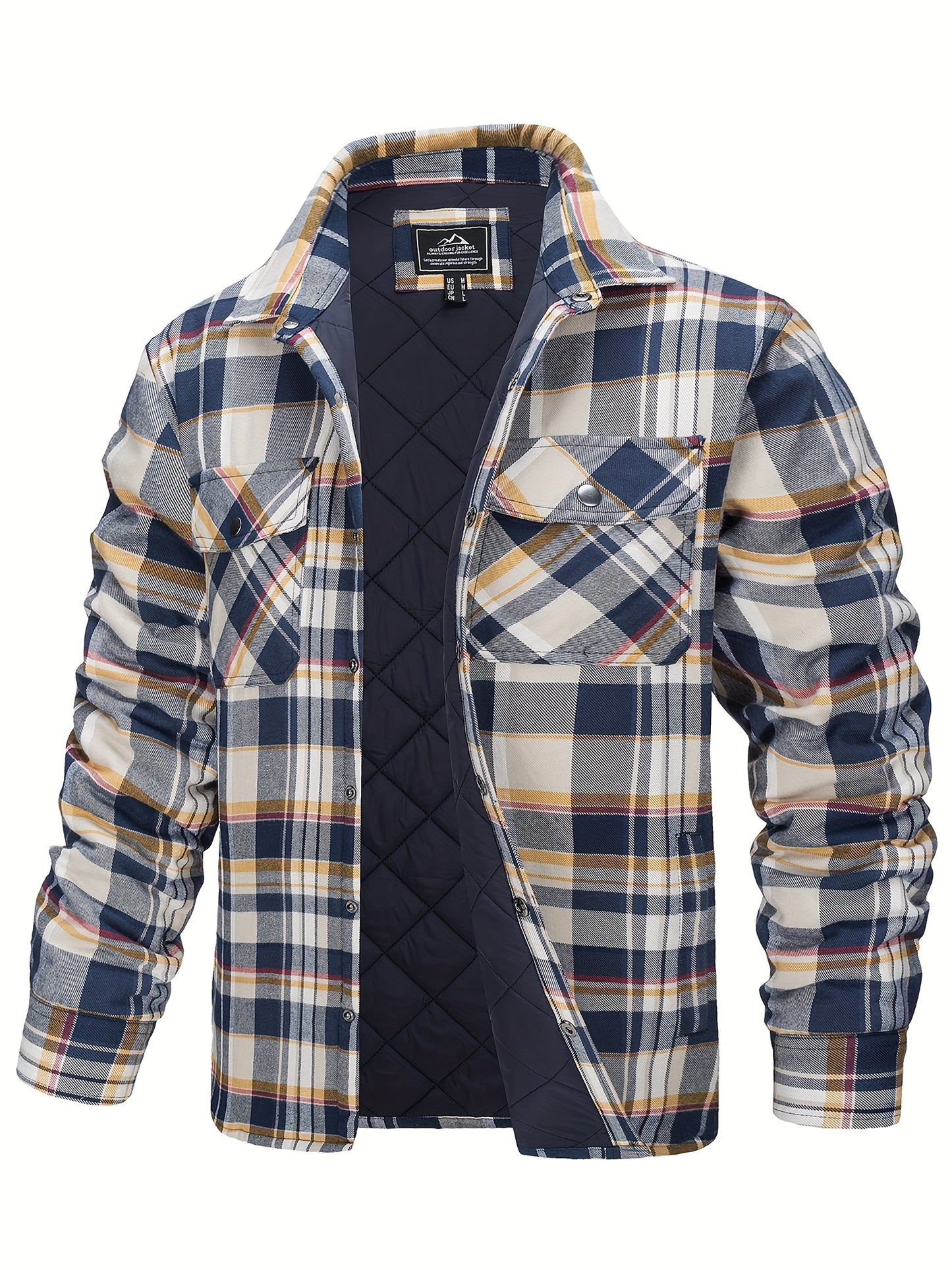 Men's Plaid Flannel Shacket Fleece Lined Quilted Long Sleeve Button Jacket with Dual Chest Pockets Cozy and Stylish for Casual Wear College Travel Parties Street Fashion Jacket Classic Plaid Design