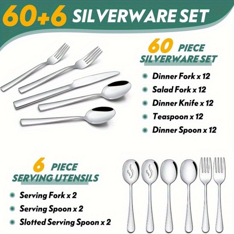 66 Piece Silverware Flatware Set with Serving Utensils Stainless Steel Square Cutlery Set for 12 Mirror Polished Dishwasher Safe Tableware Set