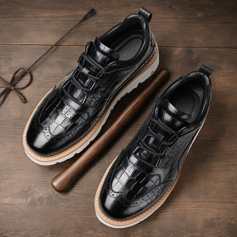 [Crocodile Pattern Leather Shoes] Plus Size Men's Crocodile Patterned Leather Shoes | Round Toe, Comfortable Non-Slip Rubber Sole, Low-Cut, Animal Print, Retro Street Style | Suitable for Weddings, Banquets, Parties, Spring,
