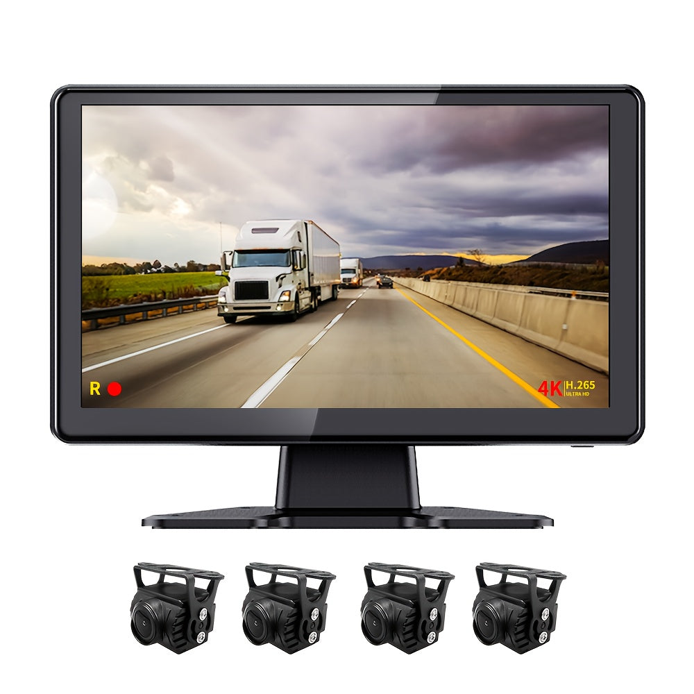 1pc 10.1" Touch Screen LCD Monitor with 4 Wired 1080P Cameras, 64GB DVR Recorder, 12V-36V ACC Power Supply, 4-Point Surveillance Display for Truck RV Trailer Semi Box Truck and Bus