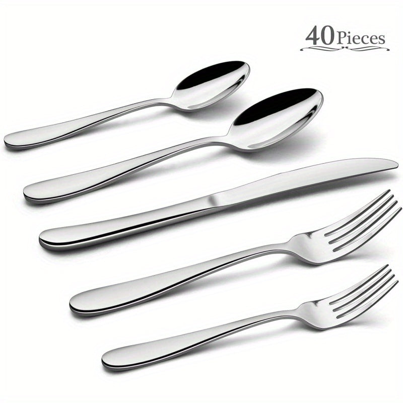 40 Piece Heavy Silverware Set Premium Grade Stainless Steel Flatware Cutlery Set Modern Elegant Design for Home Restaurant Wedding Mirror Polished Dishwasher Safe