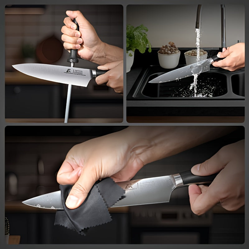 15 Piece Kitchen Knife Block Set with 15 Degree Beveled Easy Insert and Sharpener German Stainless Steel Black Countertop-Free Steak Knives
